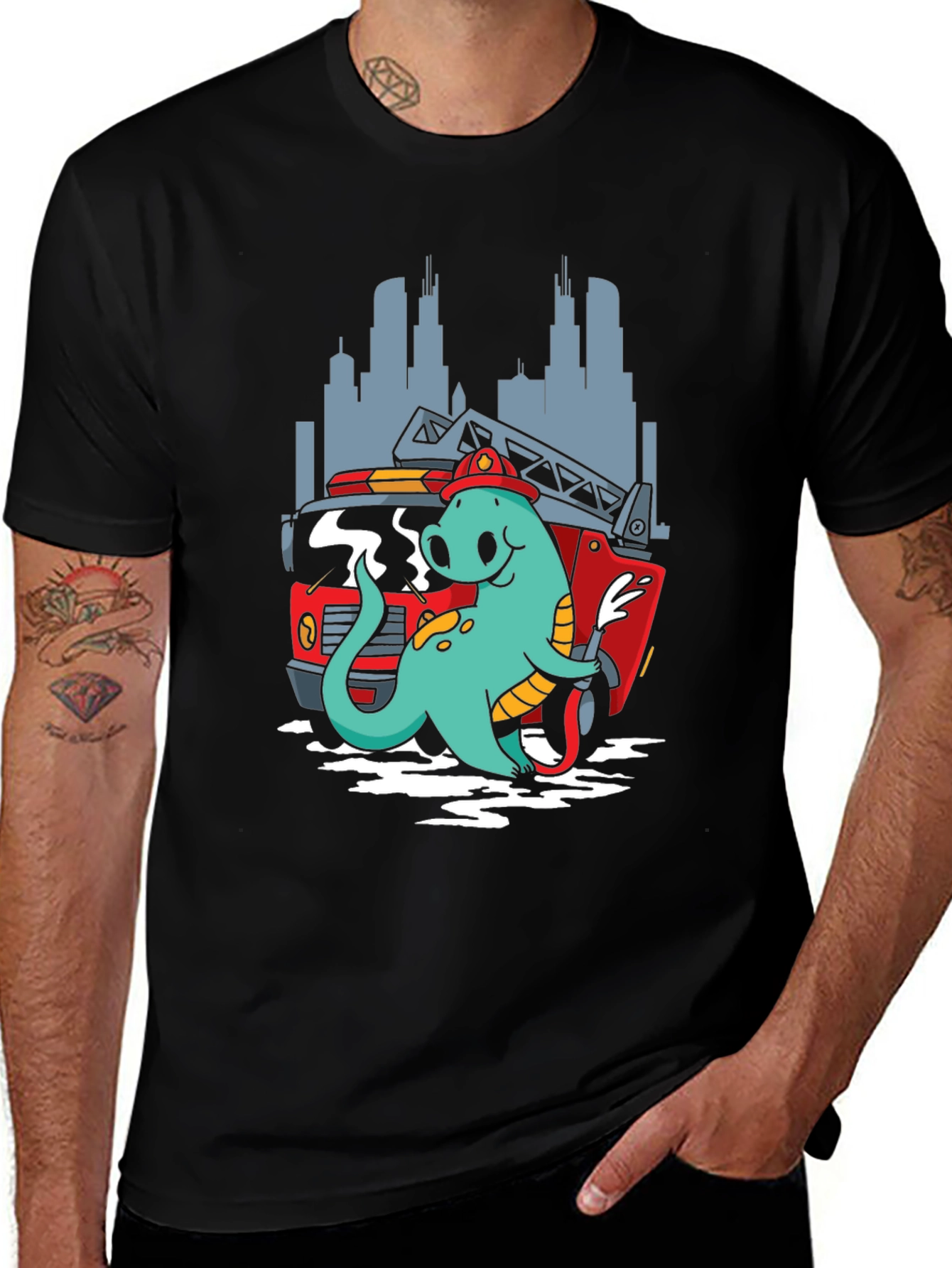 Dino Firefighter T-Shirt - Cartoon Design