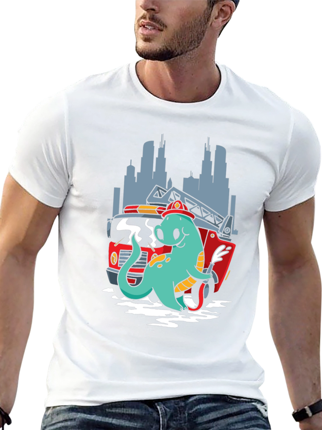 Dino Firefighter T-Shirt - Cartoon Design