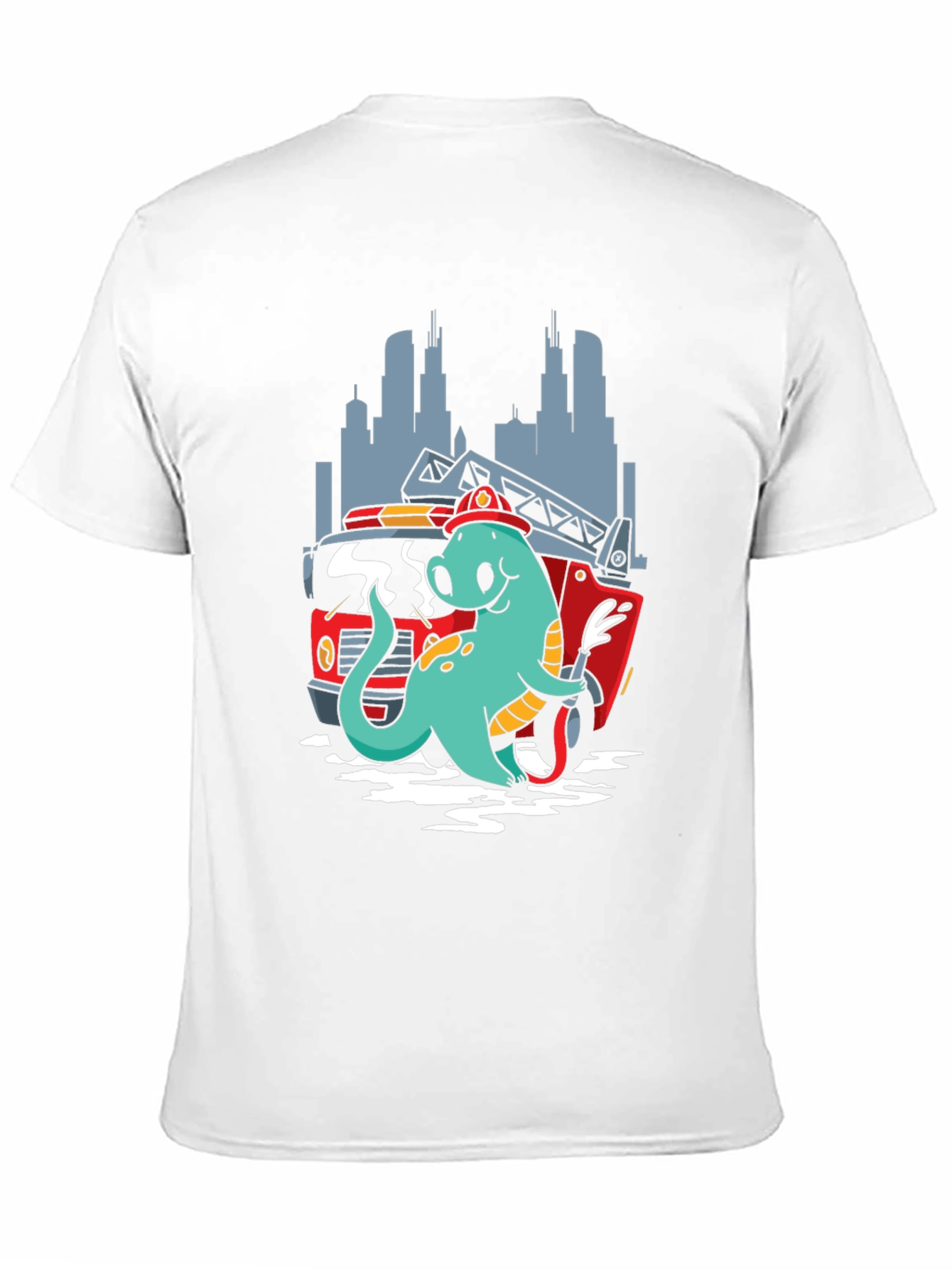 Dino Firefighter T-Shirt - Cartoon Design