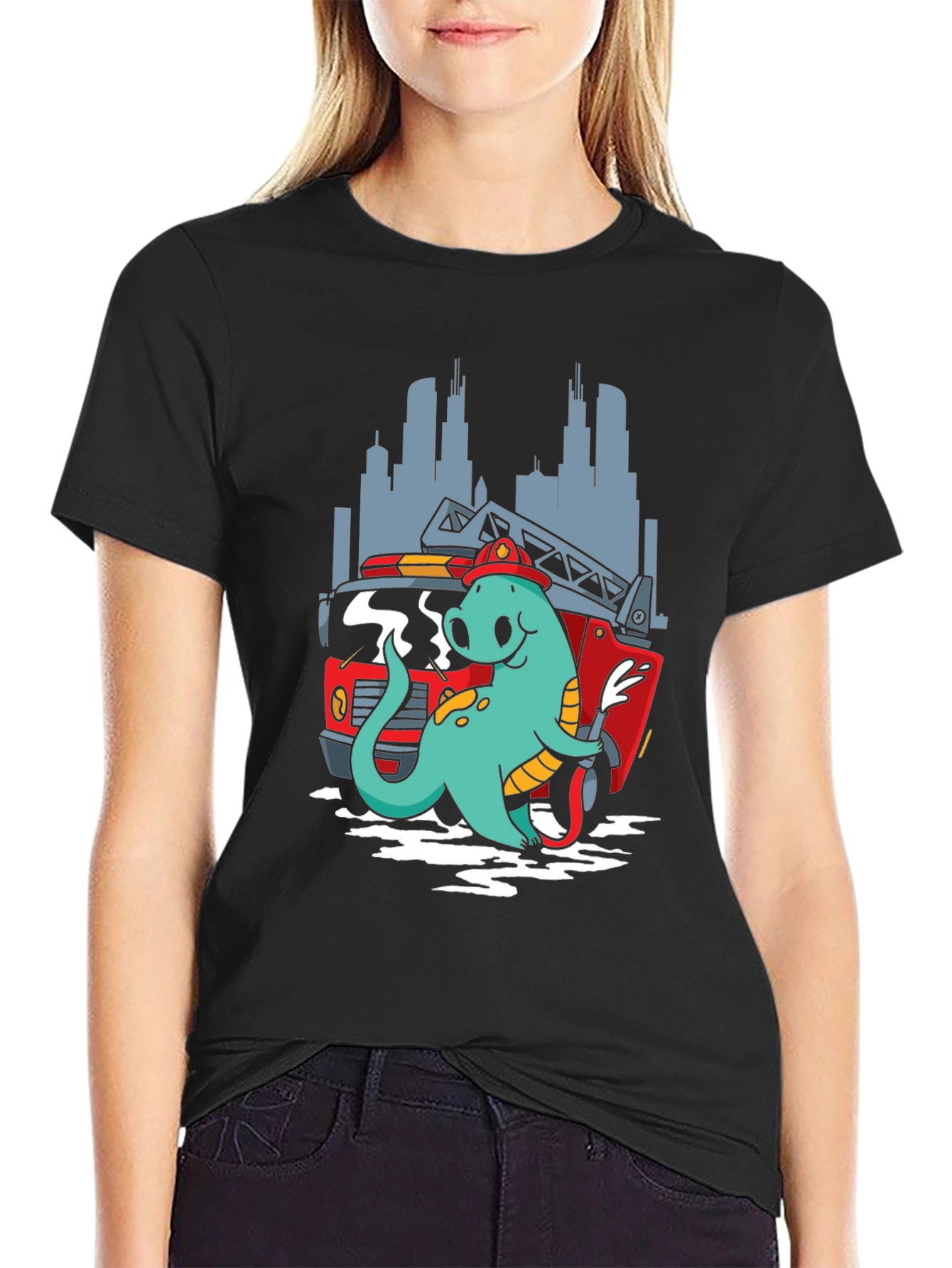 Dino Firefighter T-Shirt - Cartoon Design