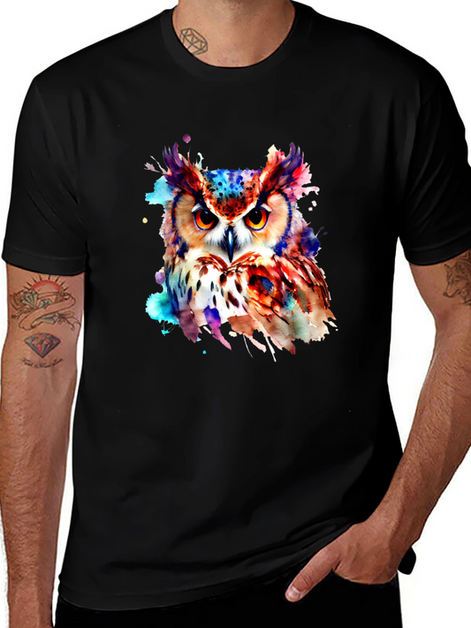 Colorful Watercolor Owl Graphic Black T-Shirt