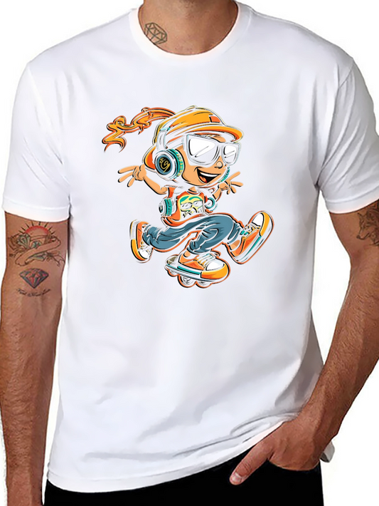 Cool Cartoon Skater Graphic Tee - Black Cotton Shirt
