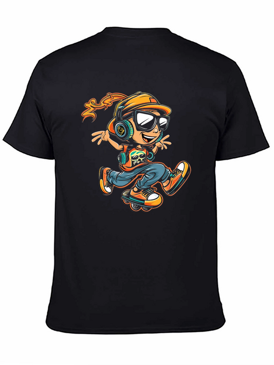 Cool Cartoon Skater Graphic Tee - Black Cotton Shirt