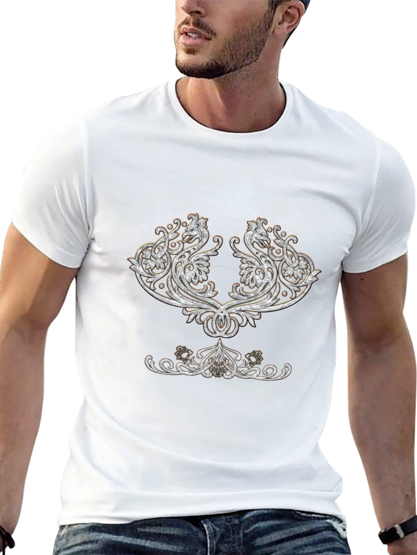 Elegant Black T-Shirt with Ornamental Design