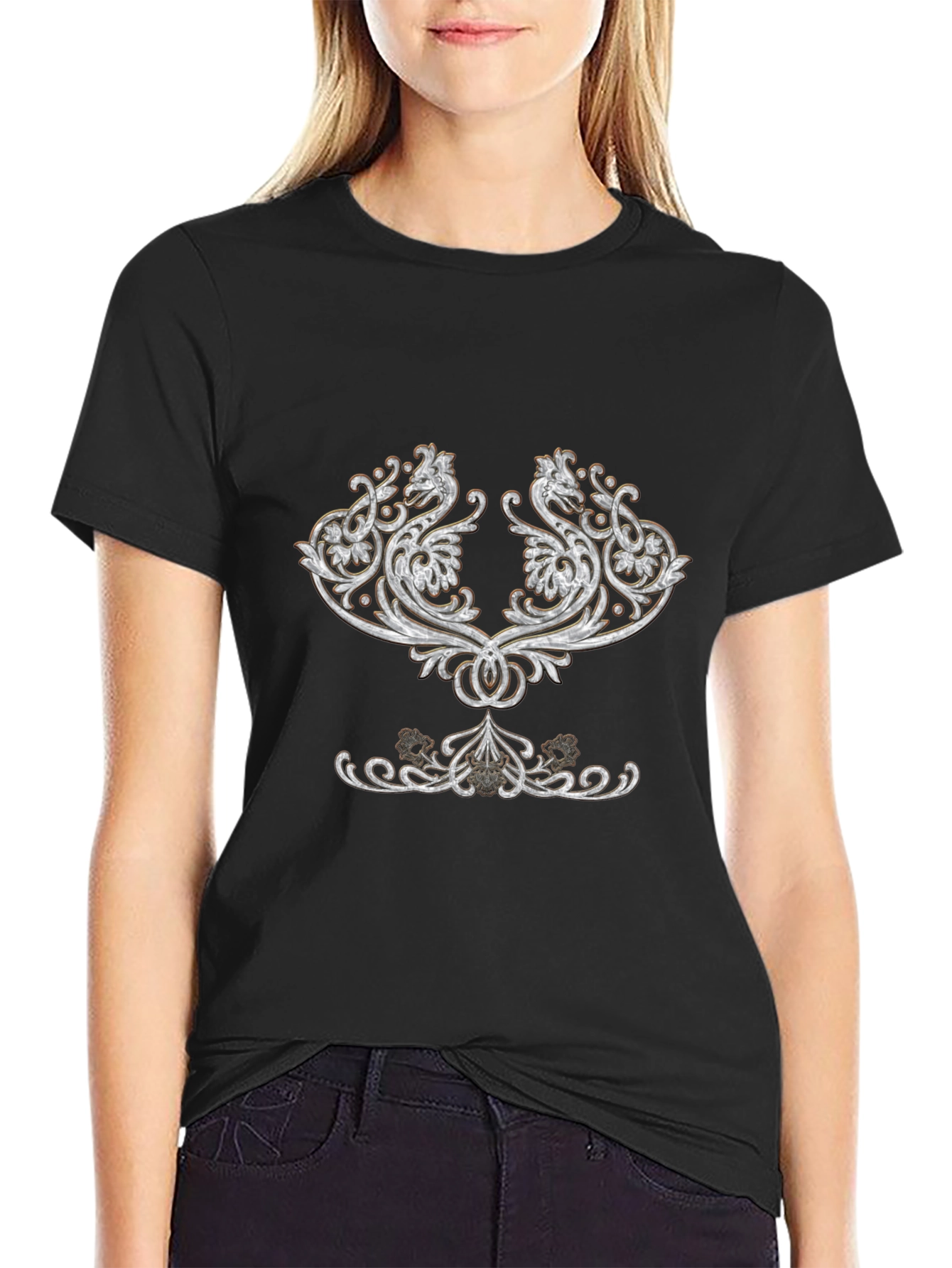 Elegant Black T-Shirt with Ornamental Design