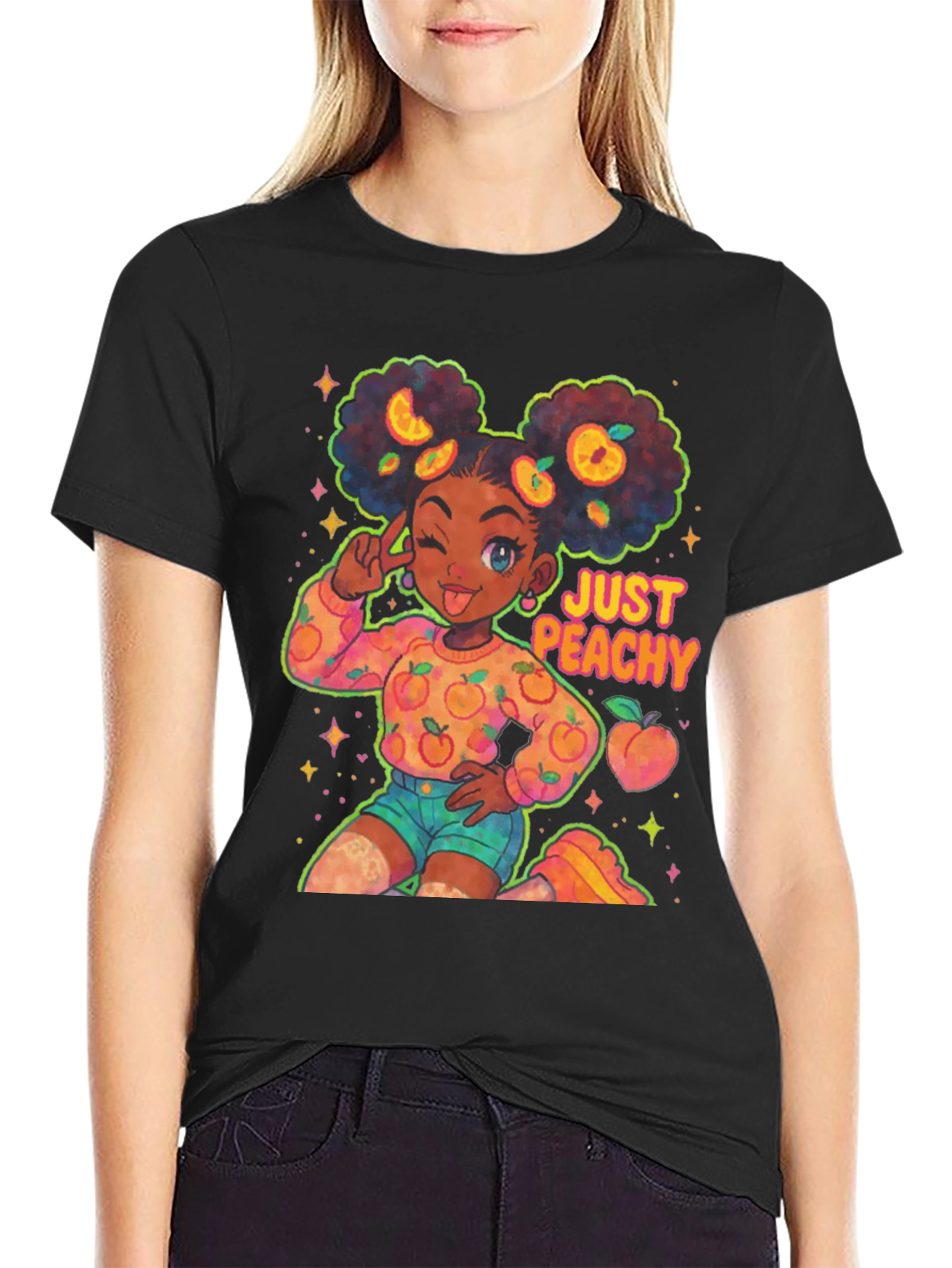 Just Peachy Afro Girl Black T-Shirt