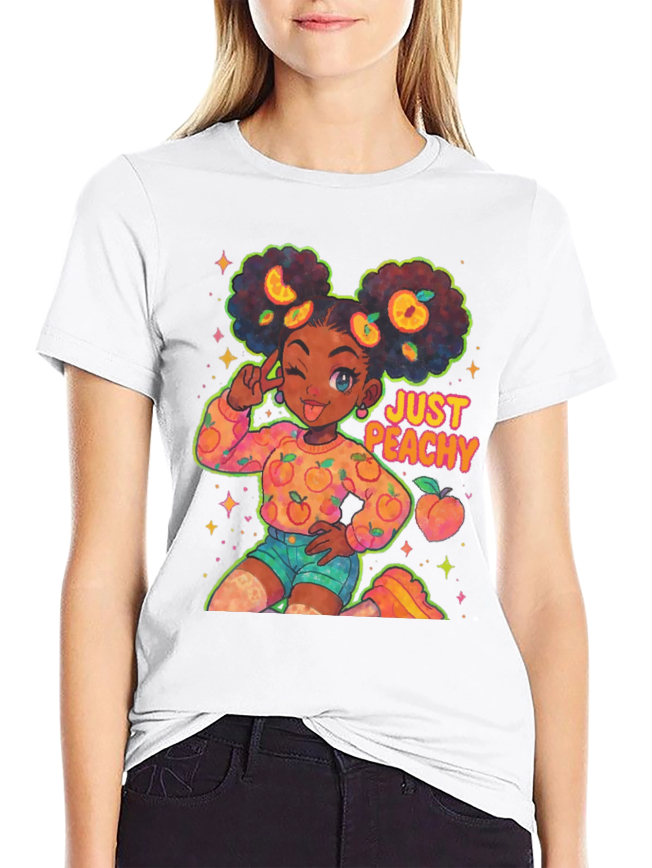 Just Peachy Afro Girl Black T-Shirt