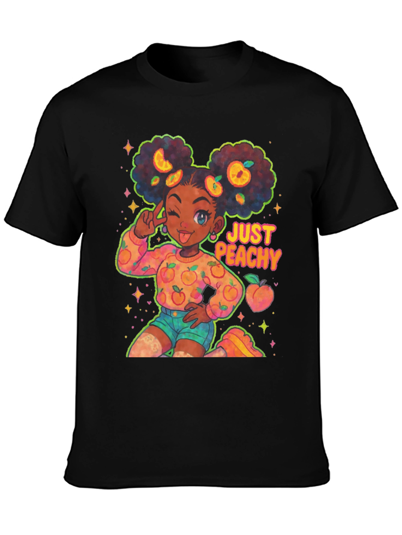 Just Peachy Afro Girl Black T-Shirt
