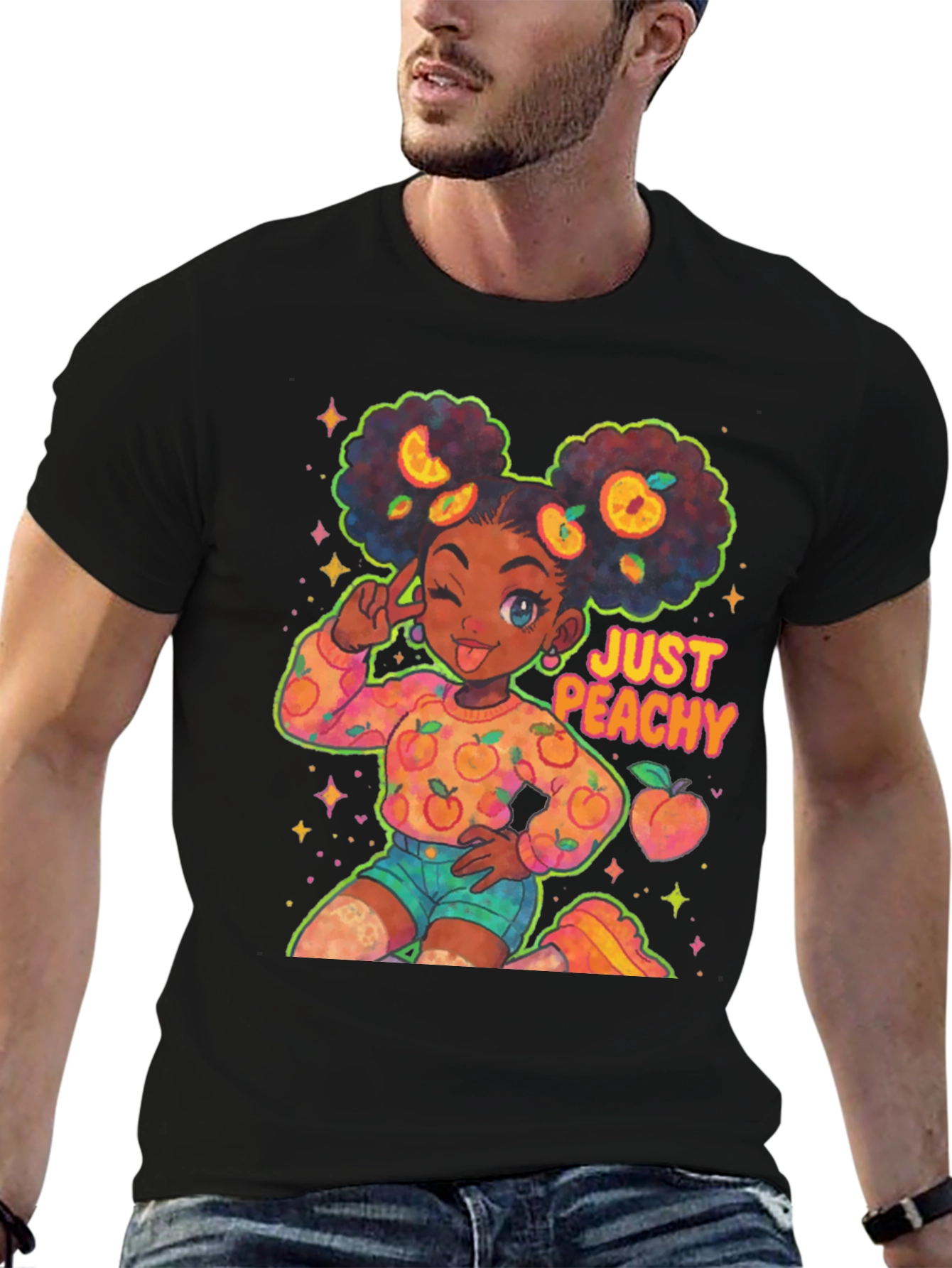 Just Peachy Afro Girl Black T-Shirt