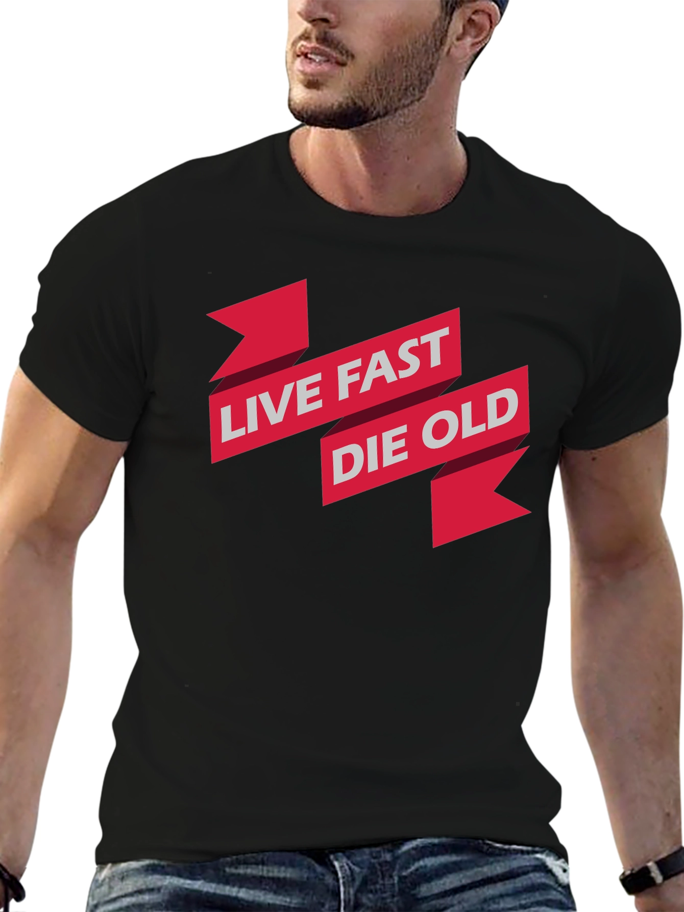Live Fast Die Old Graphic Print Black T-Shirt