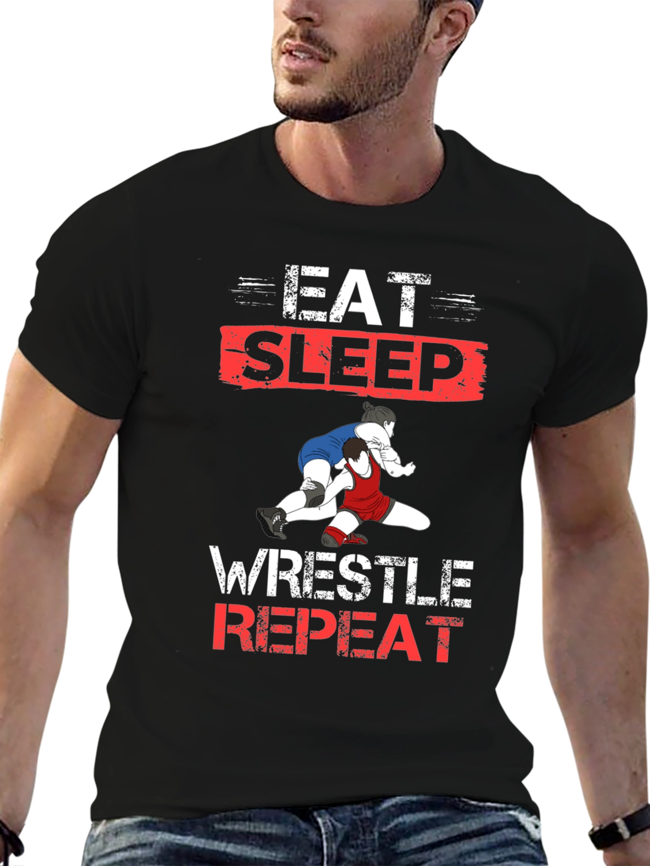 Eat Sleep Wrestle Repeat Black T-Shirt