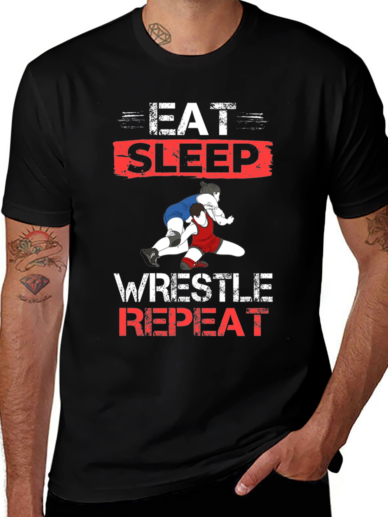 Eat Sleep Wrestle Repeat Black T-Shirt