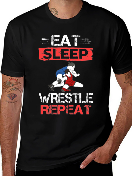 Eat Sleep Wrestle Repeat Black T-Shirt