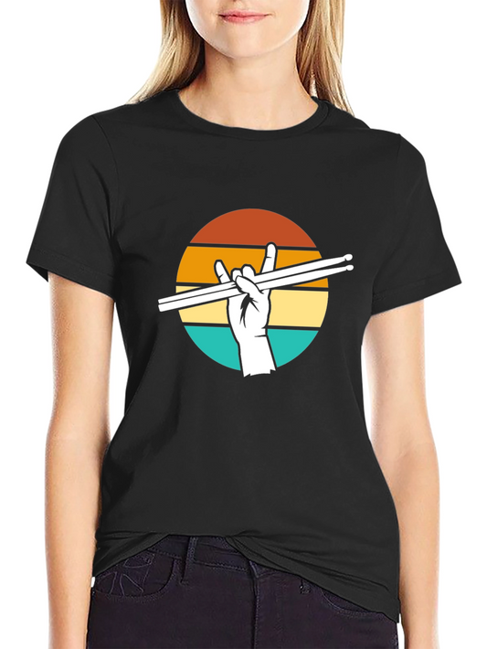 Rock On Drummer T-Shirt - Vintage Sunset Design