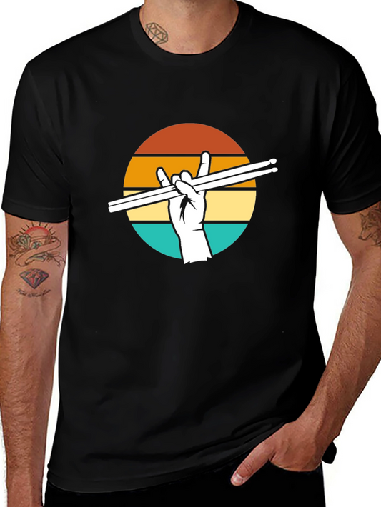 Rock On Drummer T-Shirt - Vintage Sunset Design