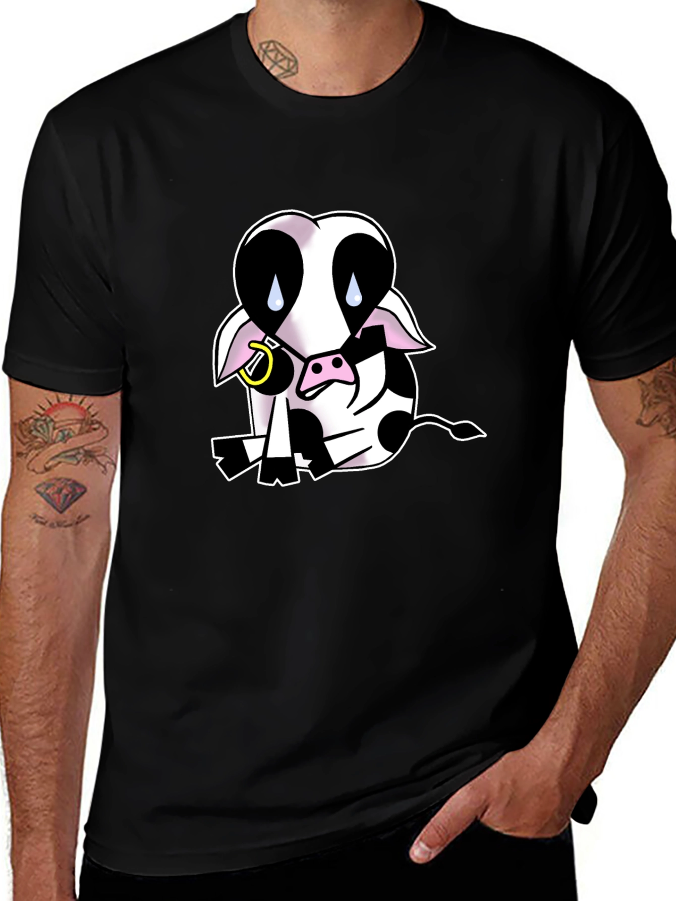 Black T-Shirt with Sad Cow Graphic