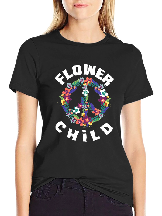 Flower Child Peace Sign Graphic Tee - Black