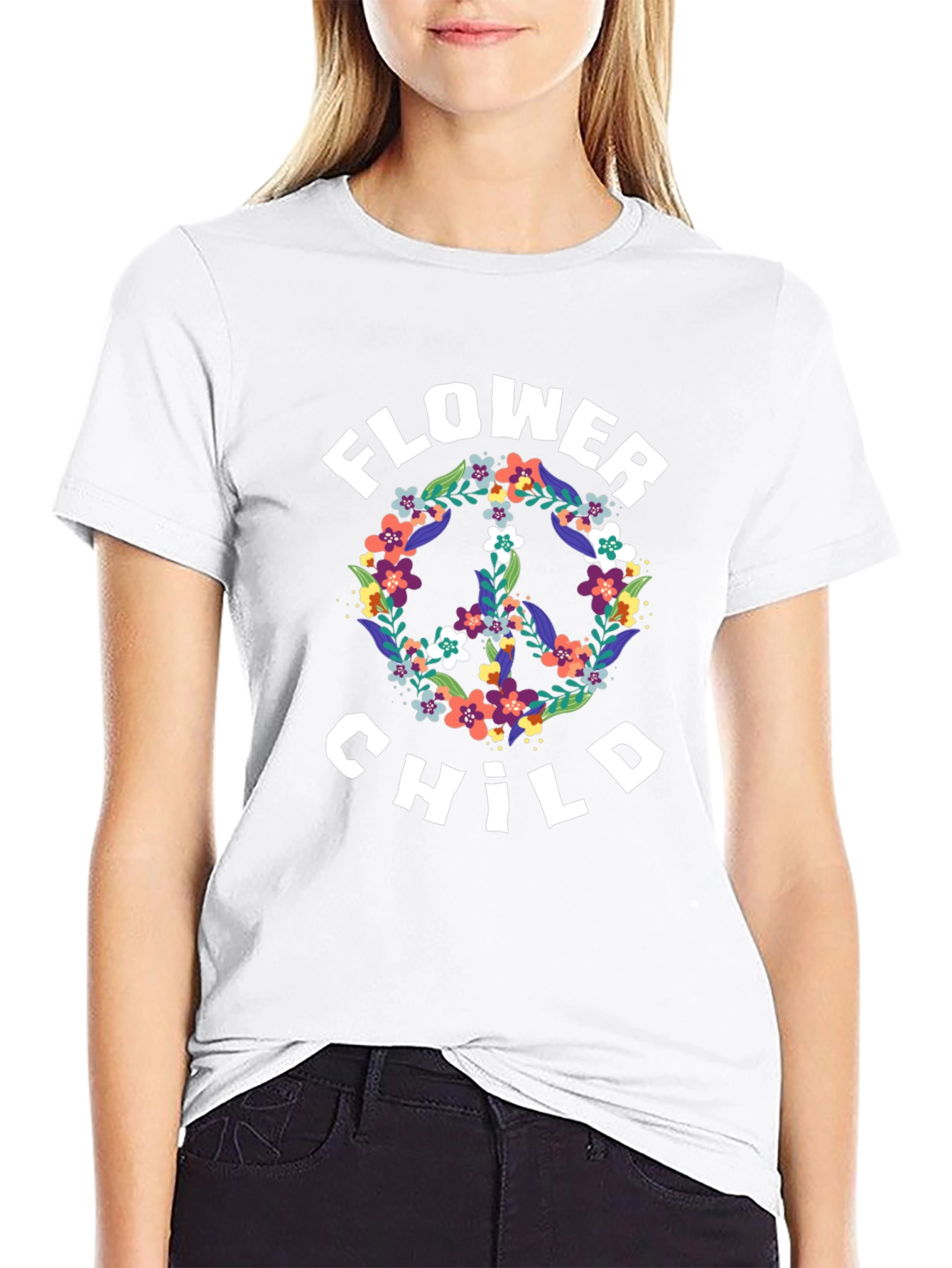 Flower Child Peace Sign Graphic Tee - Black