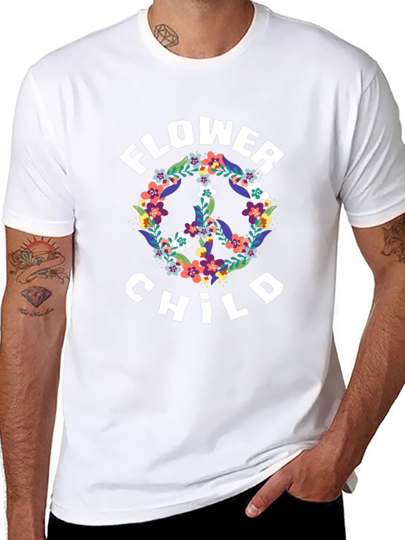 Flower Child Peace Sign Graphic Tee - Black