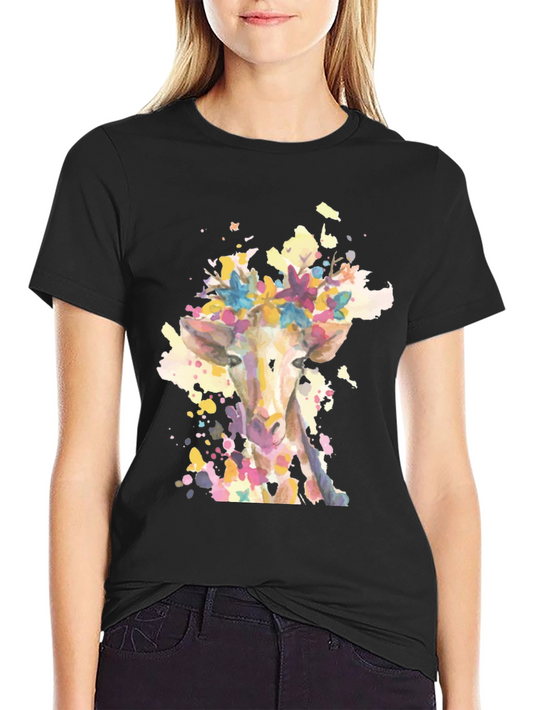 Giraffe Floral Watercolor Black T-Shirt