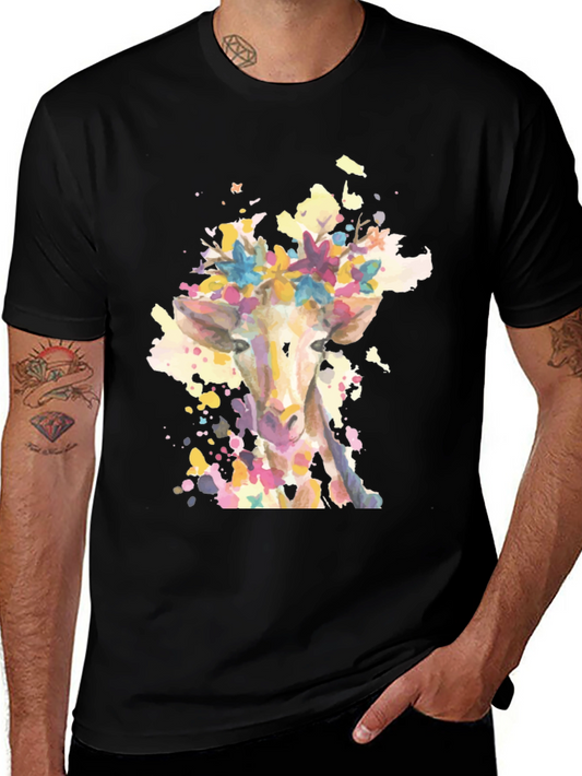 Giraffe Floral Watercolor Black T-Shirt