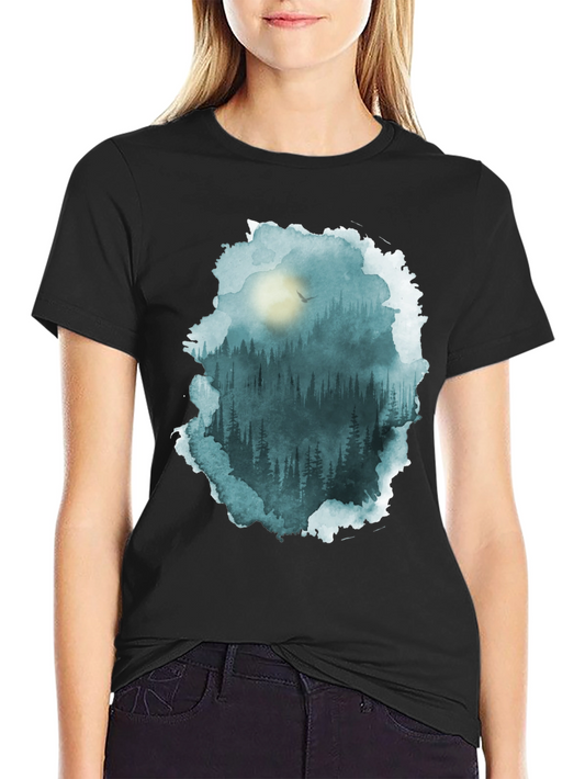 Forest Watercolor Graphic Tee - Black Cotton Blend