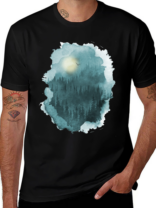 Forest Watercolor Graphic Tee - Black Cotton Blend