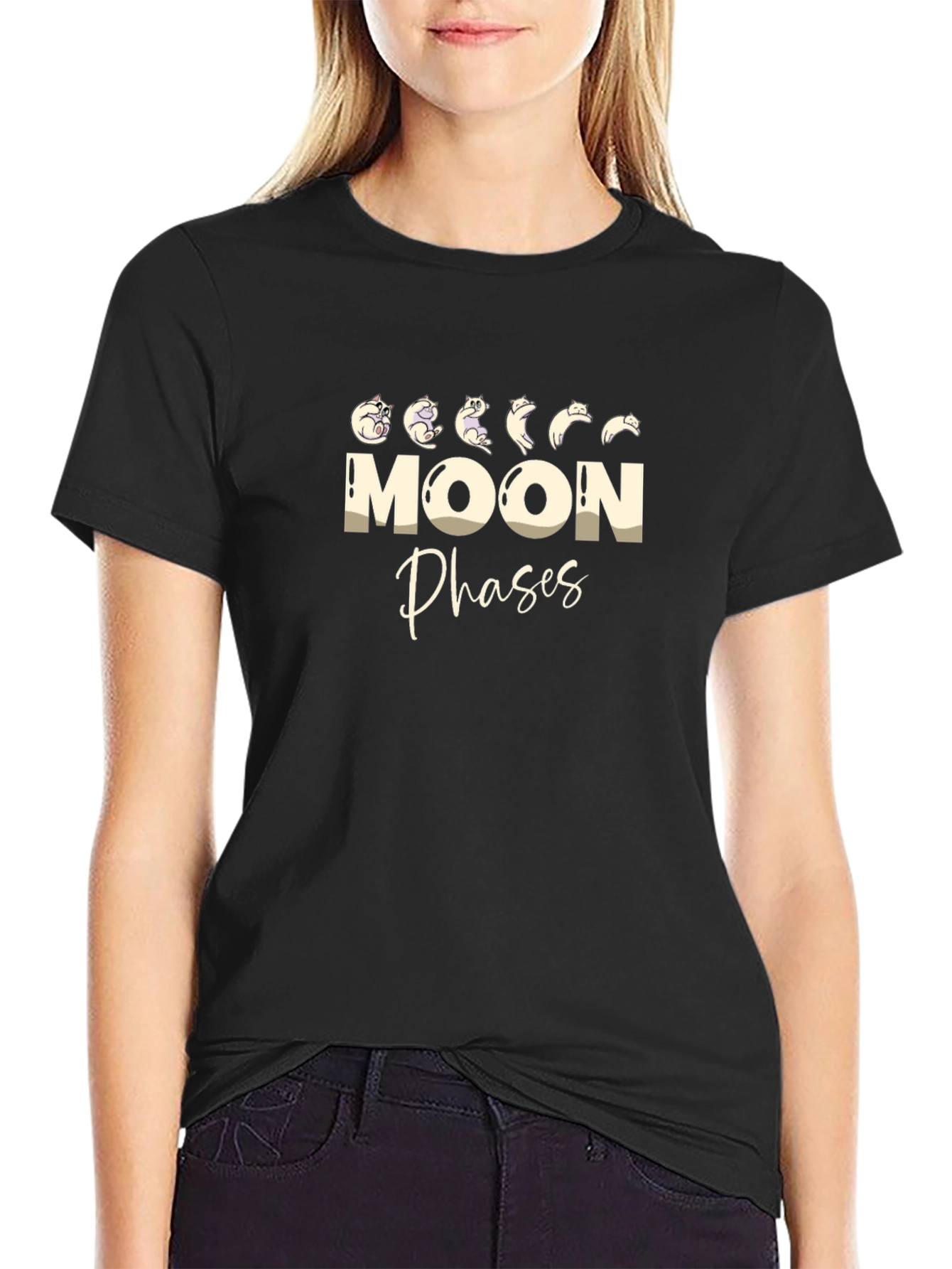 Moon Phases Cat T-Shirt - Black Cotton Tee