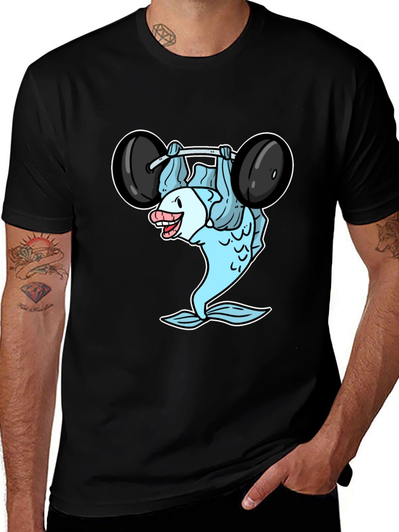 Funny Fish Lifting Weights Graphic T-Shirt