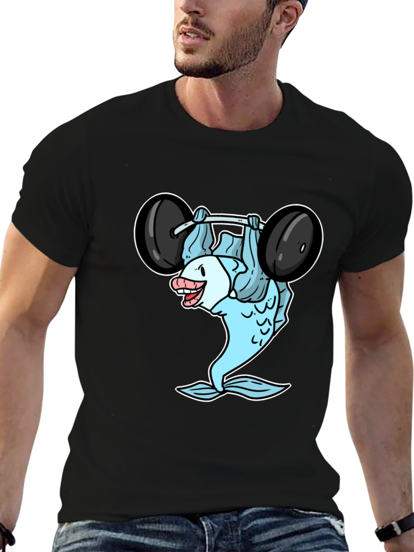 Funny Fish Lifting Weights Graphic T-Shirt