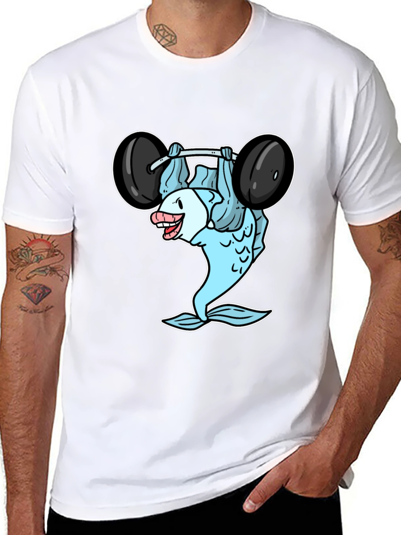 Funny Fish Lifting Weights Graphic T-Shirt