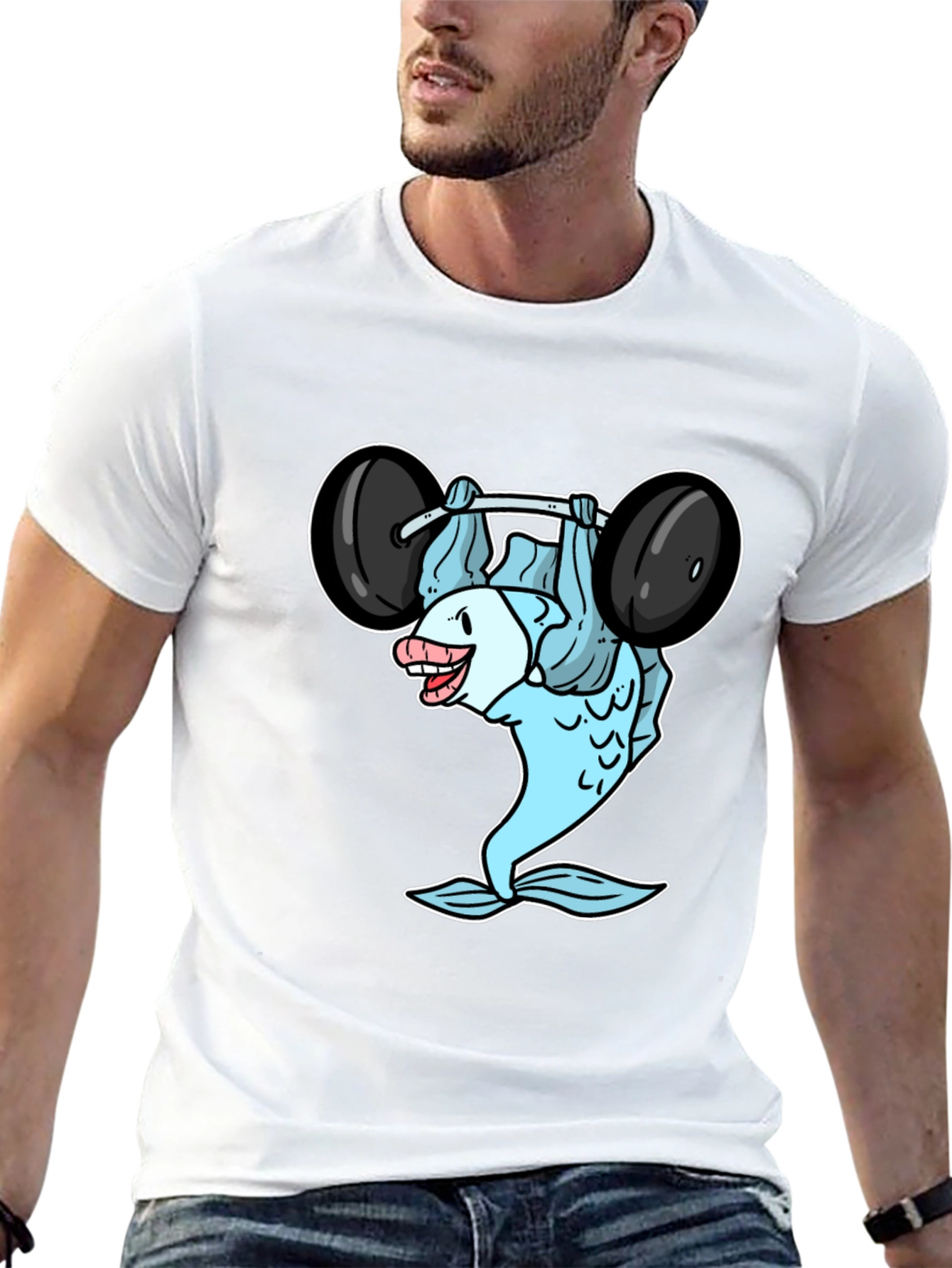 Funny Fish Lifting Weights Graphic T-Shirt