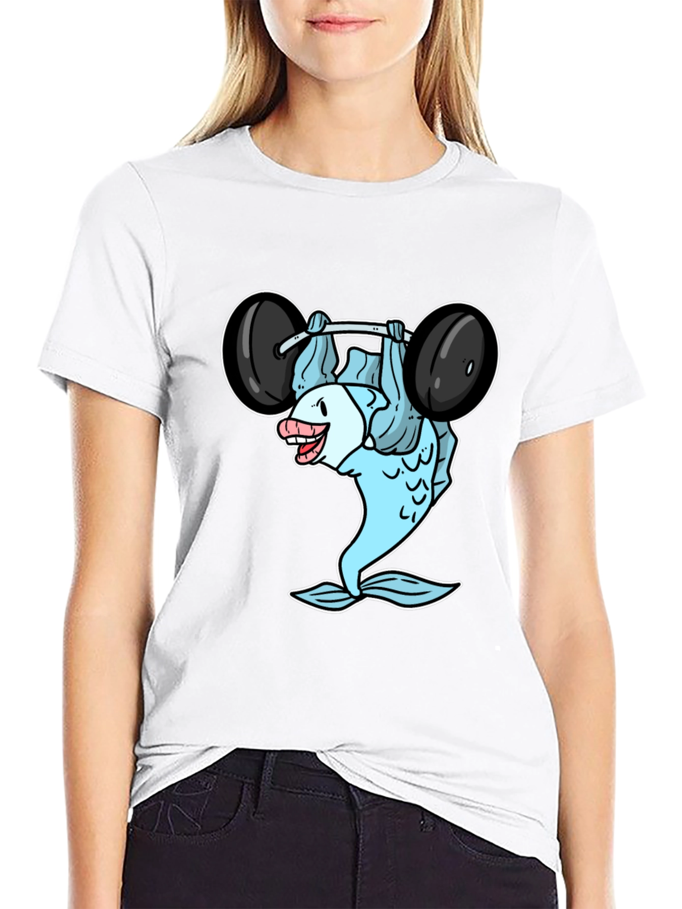 Funny Fish Lifting Weights Graphic T-Shirt