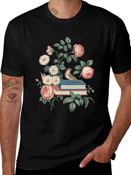 Floral Books T-Shirt - Literary Bird Tee