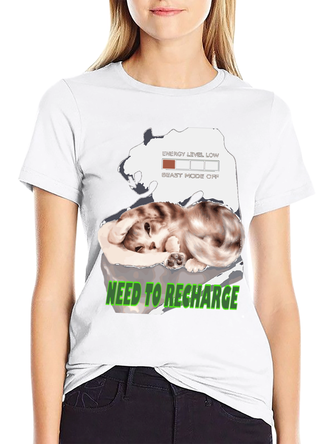 Recharge Cat Graphic T-Shirt: Low Energy Mode