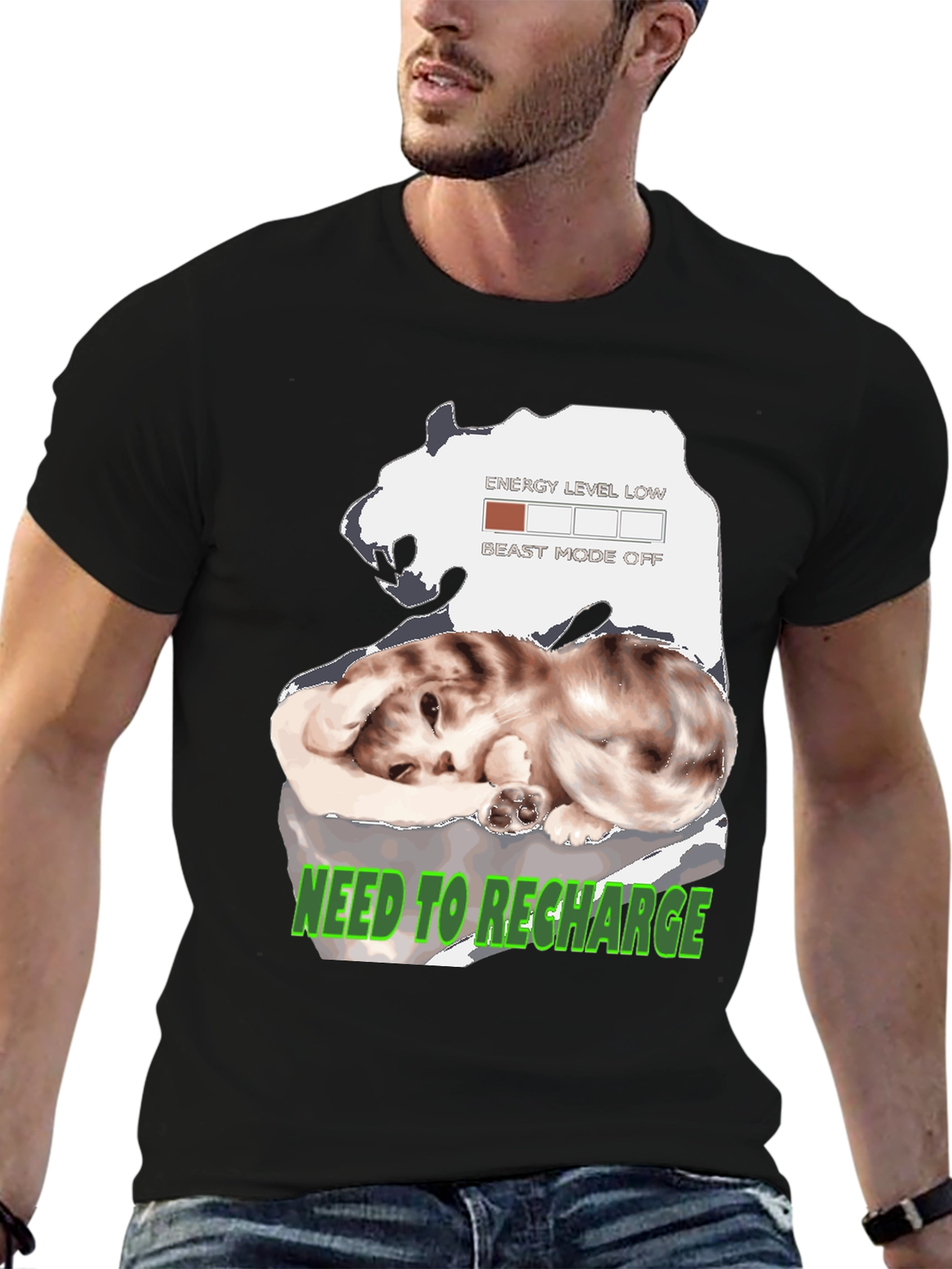 Recharge Cat Graphic T-Shirt: Low Energy Mode