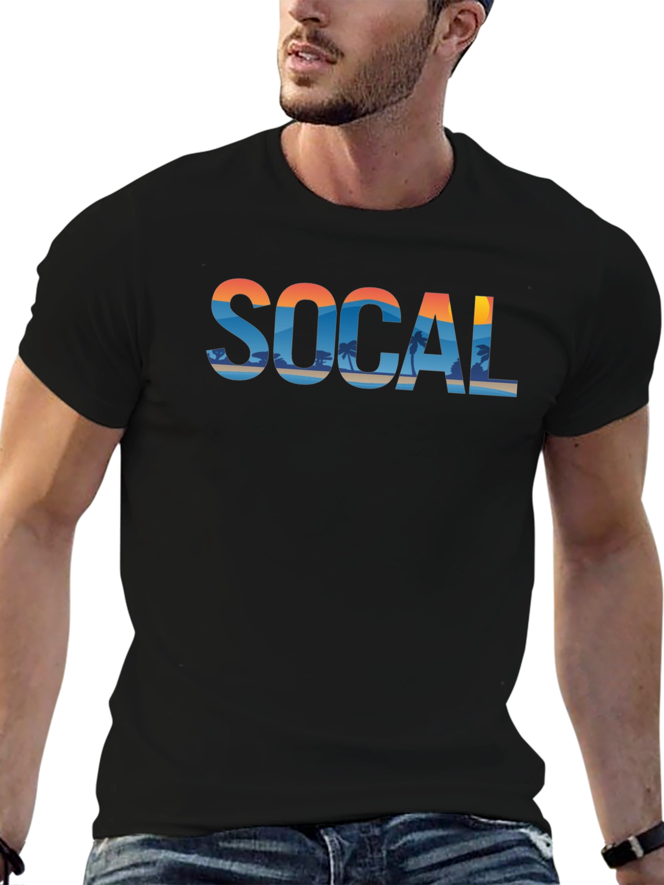 SoCal Beach Print Mens Black Graphic Tee