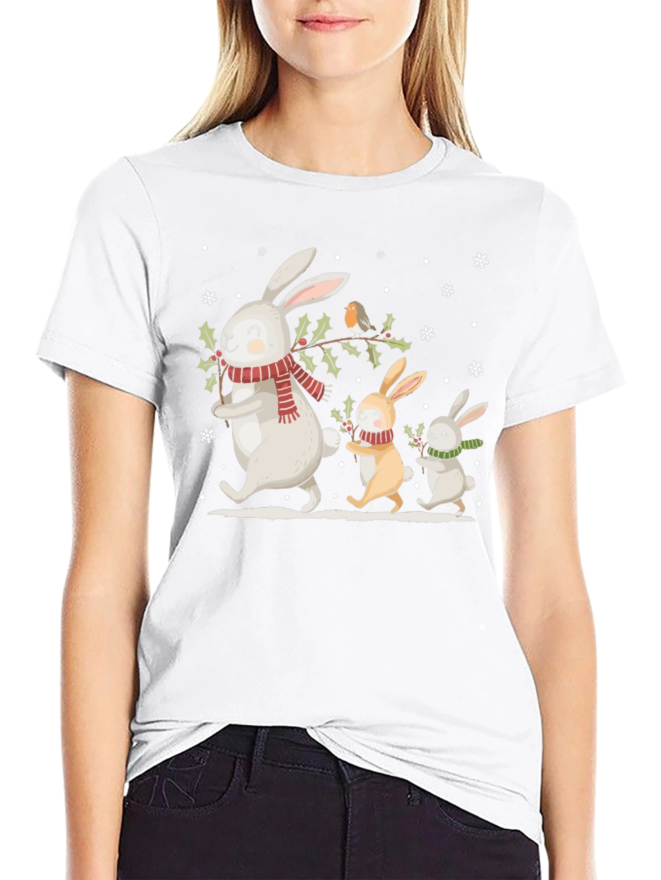 Festive Bunny Family Black T-Shirt