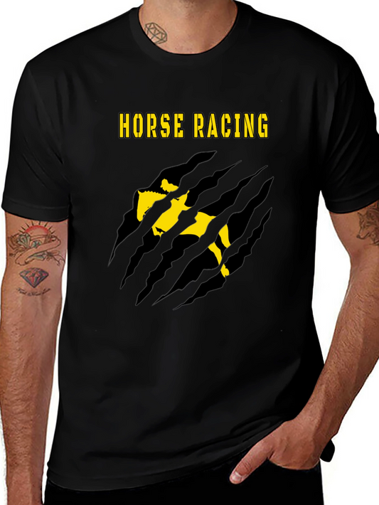 Horse Racing Graphic Tee - Black Cotton Blend T-Shirt