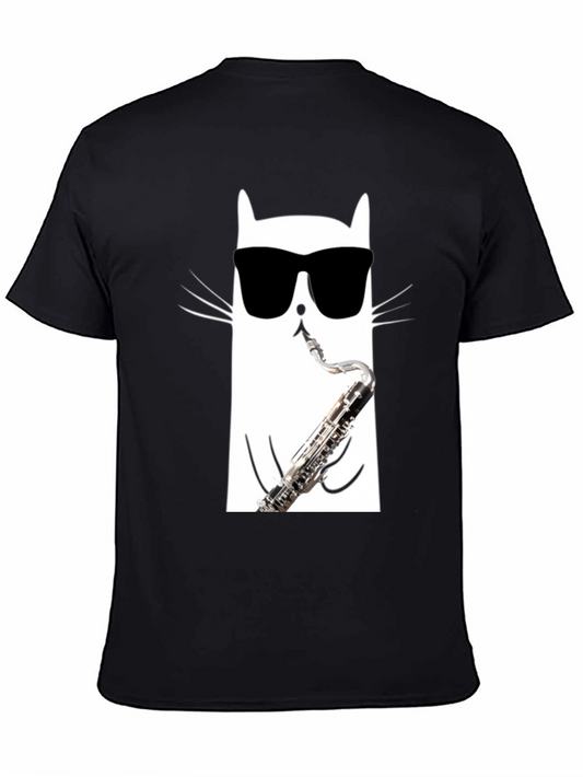 Cool Cat Saxophone T-Shirt - Black Cotton Tee