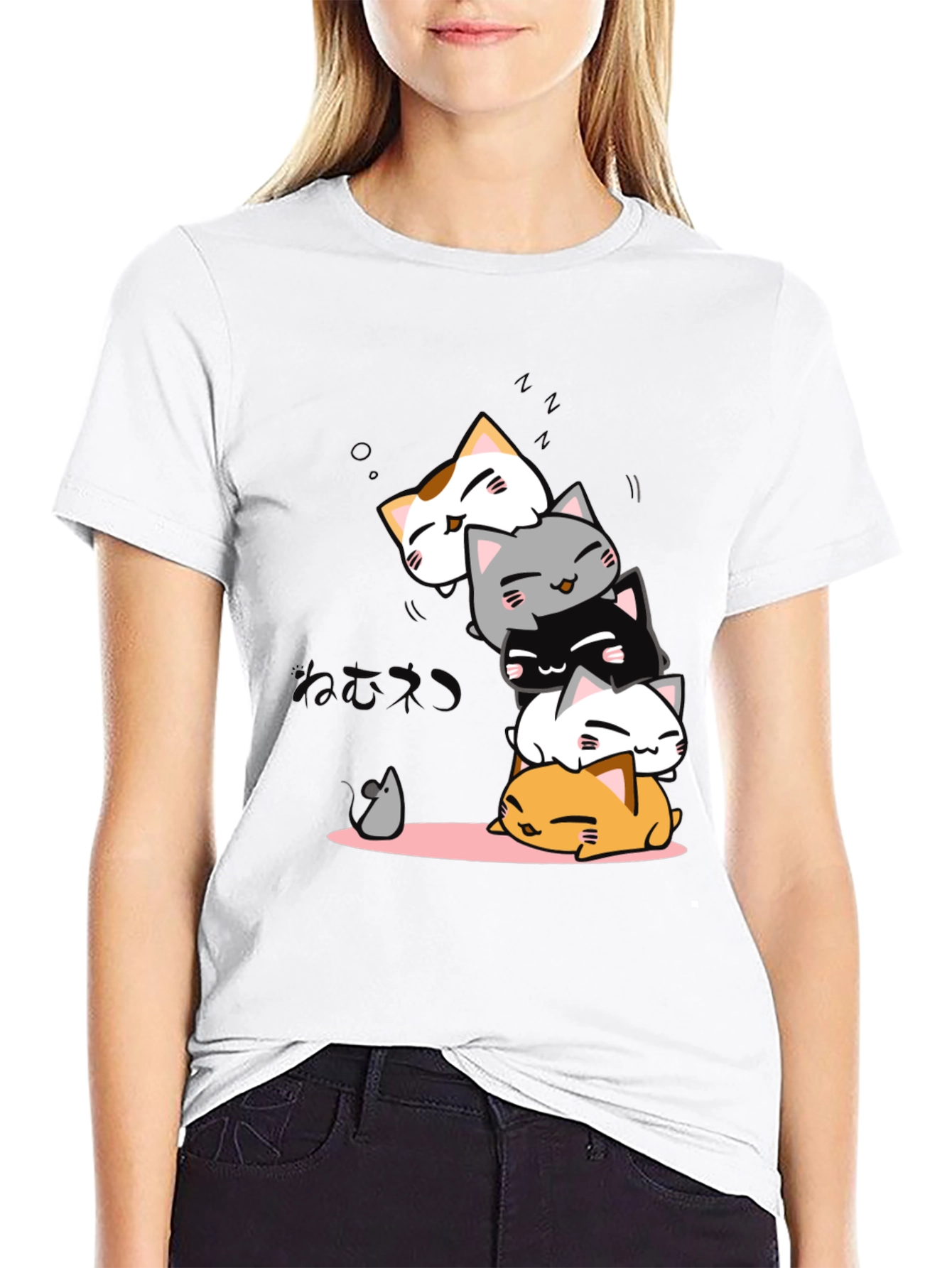 Cute Cats Stack Black T-Shirt