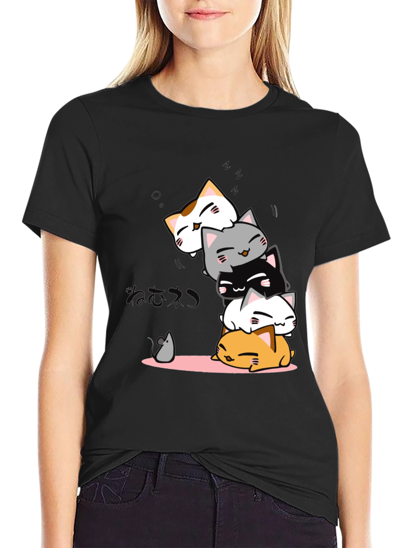 Cute Cats Stack Black T-Shirt