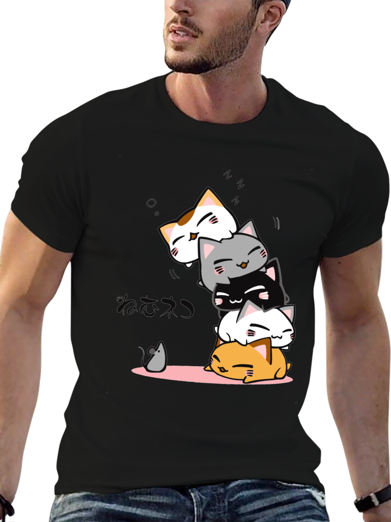 Cute Cats Stack Black T-Shirt