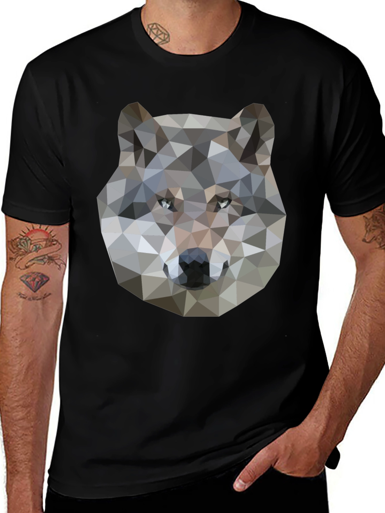 Geometric Wolf Graphic Print Black T-Shirt