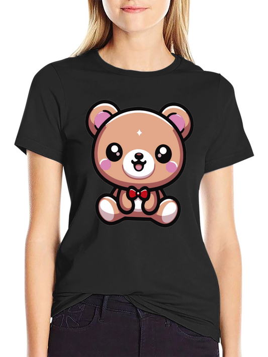 Cute Cartoon Bear Graphic Tee - Black