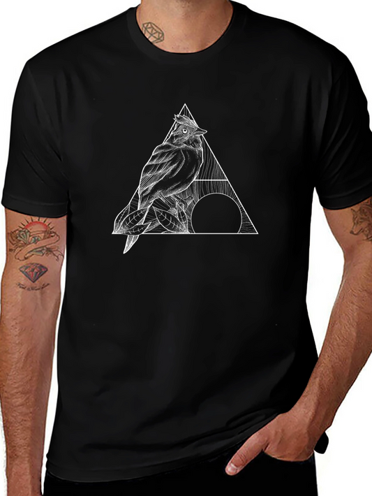 Geometric Bird Graphic Tee - Black Cotton T-Shirt