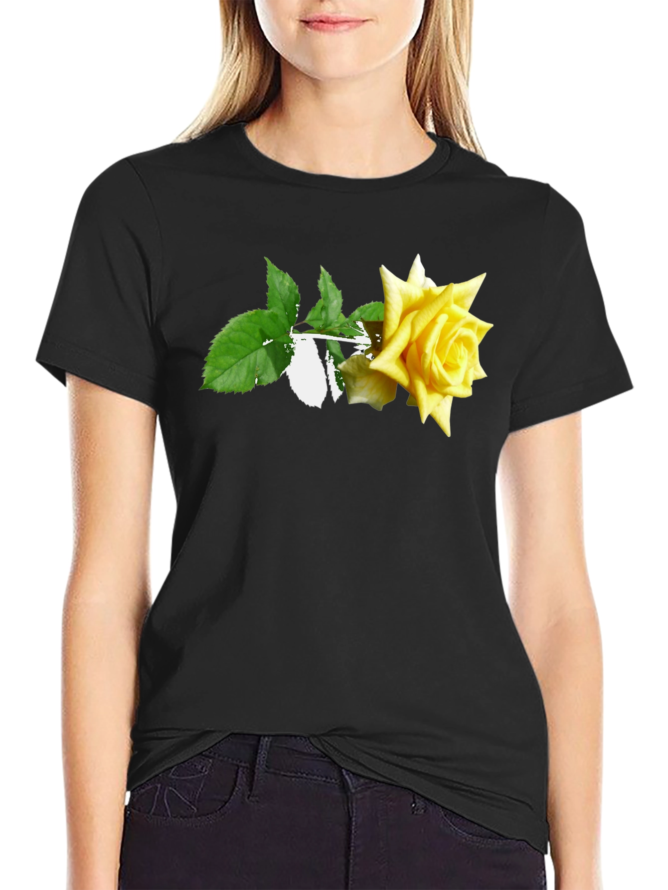 Black T-Shirt with Yellow Rose Graphic