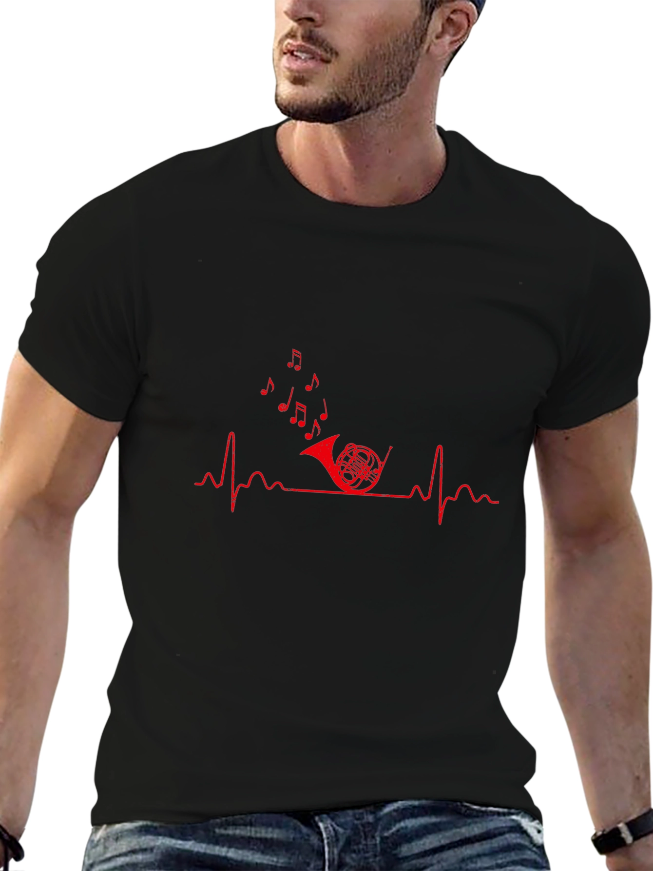 Music Heartbeat French Horn Graphic Tee - Black