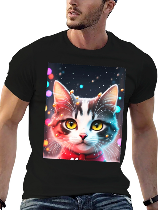 Festive Cat T-Shirt - Black Crew Neck