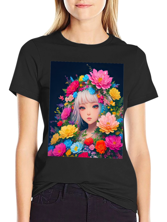 Floral Anime Girl Graphic Tee - Black Cotton T-Shirt
